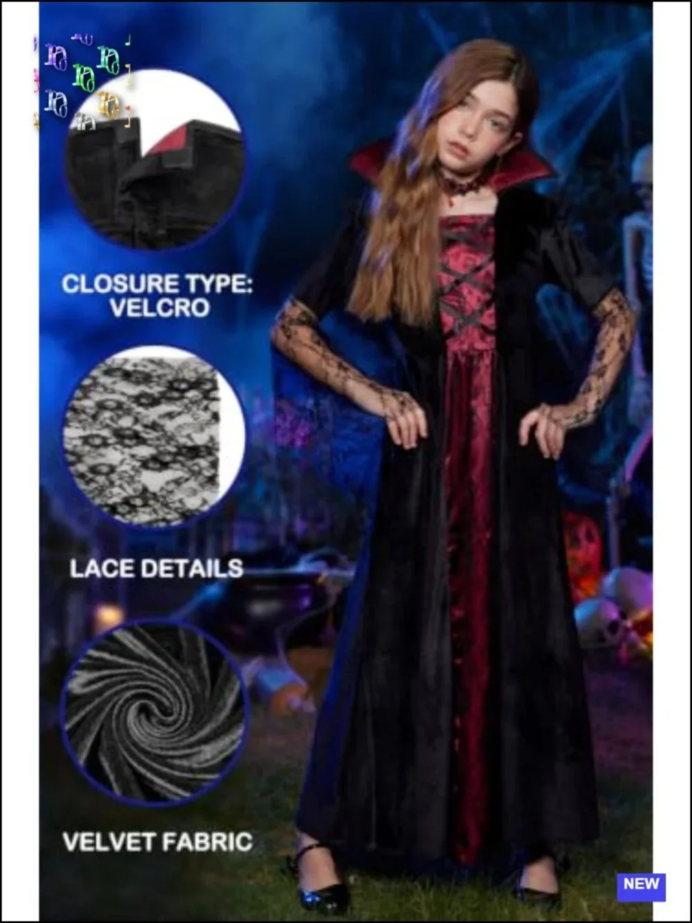 Kids Gothic Queen Vampire Halloween Costume Set 5pc
